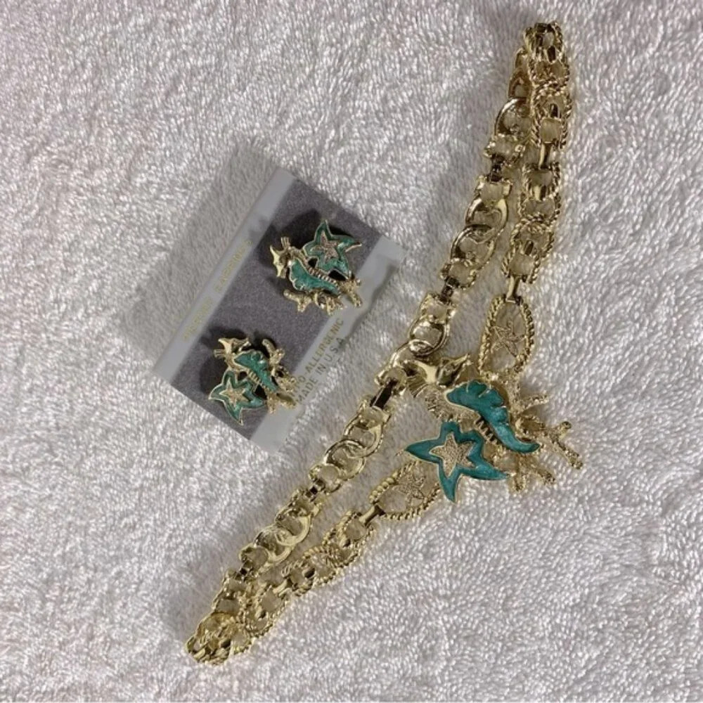 Vintage 90s Y2K Gold Tone With  Turquoise Seahorse Earrings And Necklace Set